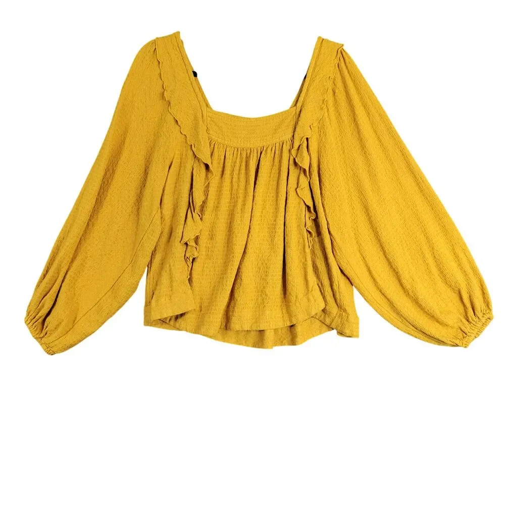 FREE PEOPLE Bonnie Yellow Ruffle Square Neck Peasant Top Bohemian SIZE MEDIUM